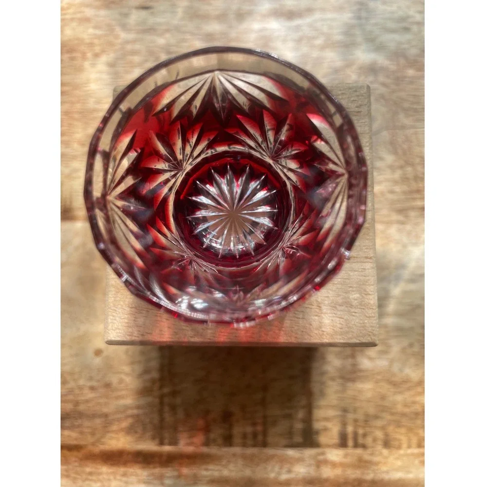 Vtg Wako Ginza Tokyo Edo Kiriko Ruby Red Cut Glass Sake Cup Guinomi Signed Boxed